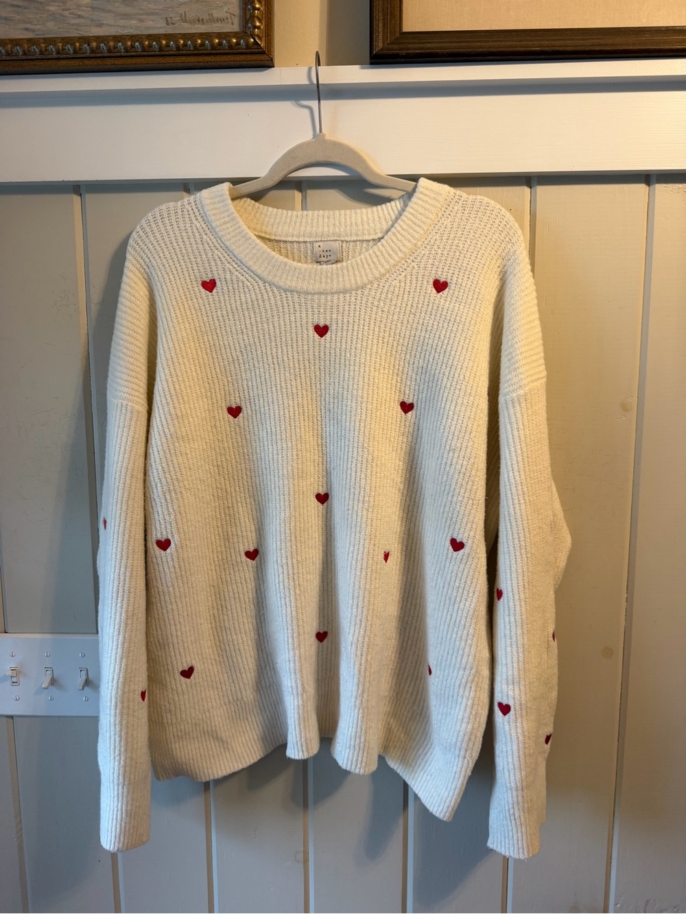 a new day Cream Crewneck Sweater with Red Hearts, Size XXL